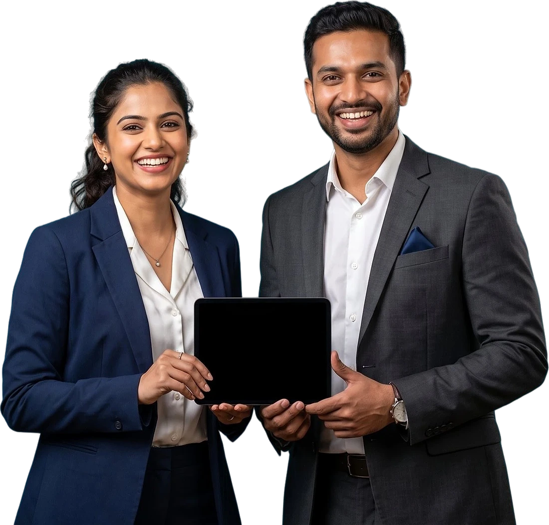 Two business professionals holding a tablet